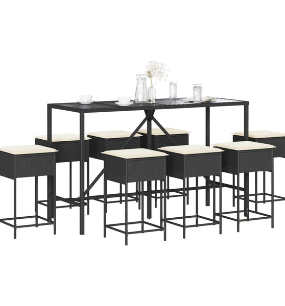 9-tlg. Gartenbar-Set mit Kissen Schwarz Poly Rattan