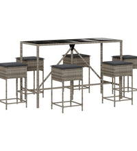 7-tlg. Gartenbar-Set mit Kissen Grau Poly Rattan