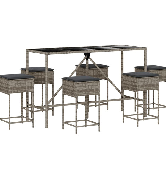 7-tlg. Gartenbar-Set mit Kissen Grau Poly Rattan