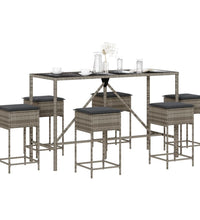 7-tlg. Gartenbar-Set mit Kissen Grau Poly Rattan