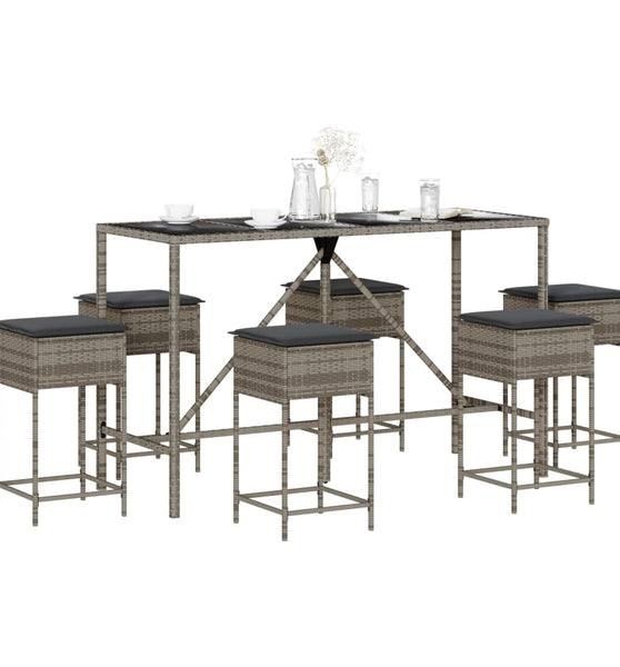 7-tlg. Gartenbar-Set mit Kissen Grau Poly Rattan