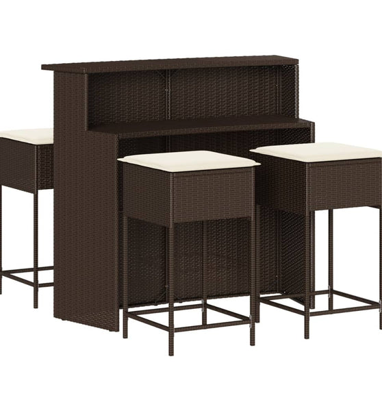5-tlg. Gartenbar-Set mit Kissen Braun Poly Rattan