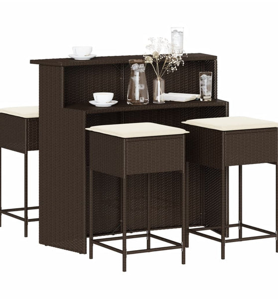 5-tlg. Gartenbar-Set mit Kissen Braun Poly Rattan