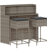 3-tlg. Gartenbar-Set mit Kissen Grau Poly Rattan