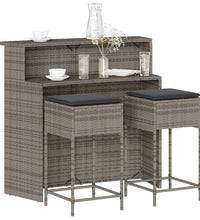 3-tlg. Gartenbar-Set mit Kissen Grau Poly Rattan
