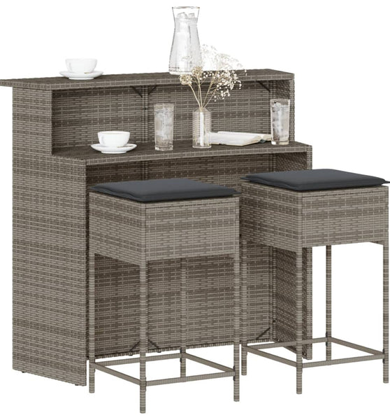 3-tlg. Gartenbar-Set mit Kissen Grau Poly Rattan