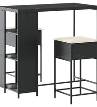3-tlg. Gartenbar-Set mit Kissen Schwarz Poly Rattan