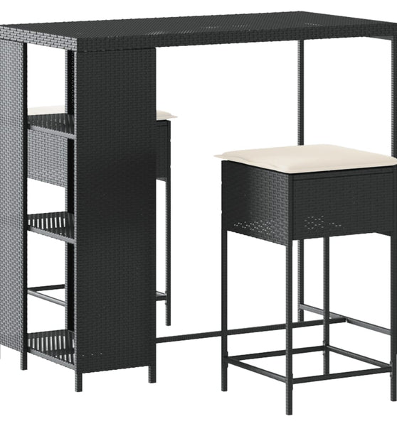 3-tlg. Gartenbar-Set mit Kissen Schwarz Poly Rattan