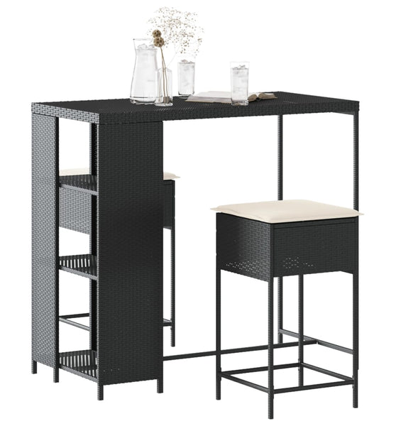 3-tlg. Gartenbar-Set mit Kissen Schwarz Poly Rattan