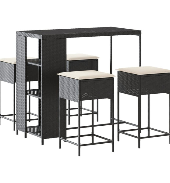 5-tlg. Gartenbar-Set mit Kissen Schwarz Poly Rattan