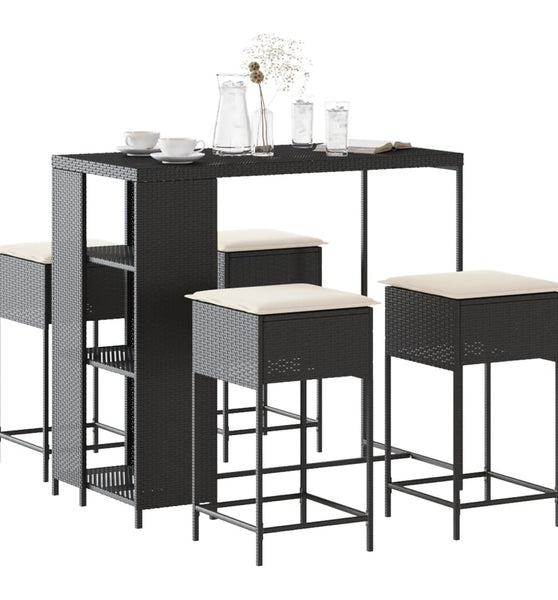 5-tlg. Gartenbar-Set mit Kissen Schwarz Poly Rattan