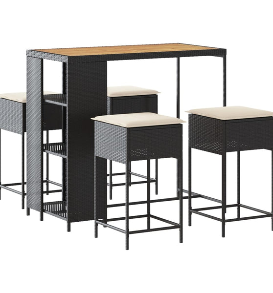 5-tlg. Gartenbar-Set mit Kissen Schwarz Poly Rattan