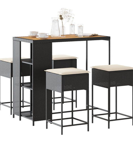 5-tlg. Gartenbar-Set mit Kissen Schwarz Poly Rattan
