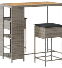3-tlg. Gartenbar-Set mit Kissen Grau Poly Rattan