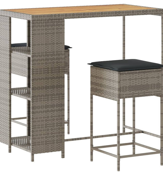 3-tlg. Gartenbar-Set mit Kissen Grau Poly Rattan
