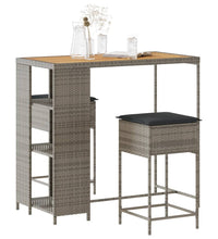 3-tlg. Gartenbar-Set mit Kissen Grau Poly Rattan
