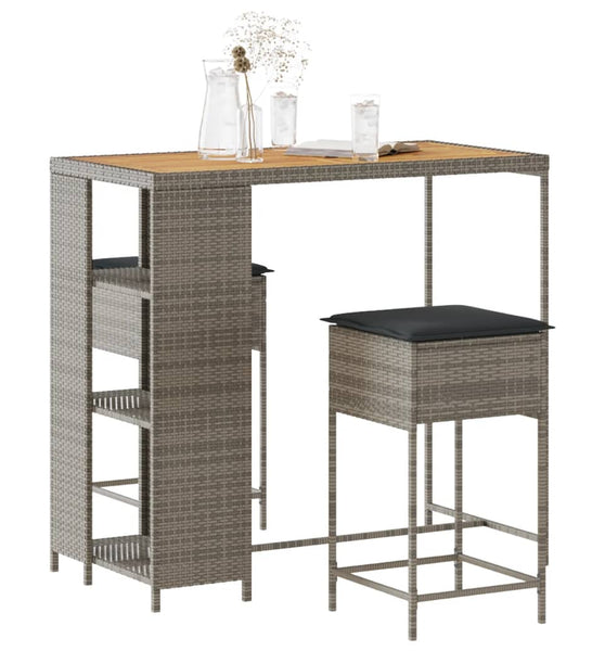 3-tlg. Gartenbar-Set mit Kissen Grau Poly Rattan