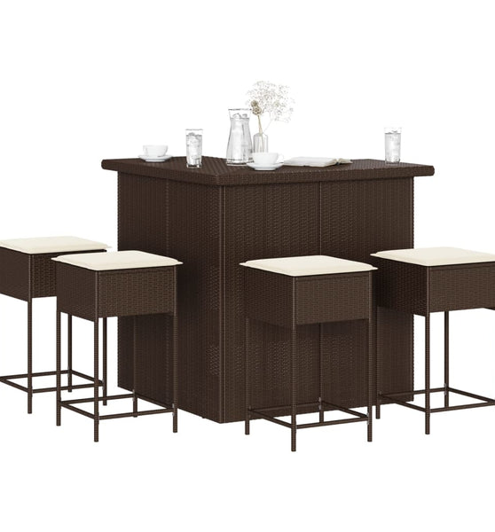 5-tlg. Gartenbar-Set mit Kissen Braun Poly Rattan