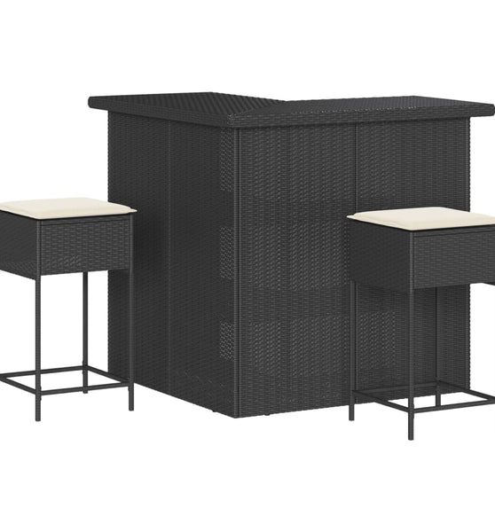 3-tlg. Gartenbar-Set mit Kissen Schwarz Poly Rattan