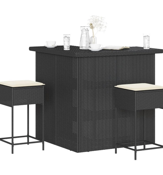 3-tlg. Gartenbar-Set mit Kissen Schwarz Poly Rattan