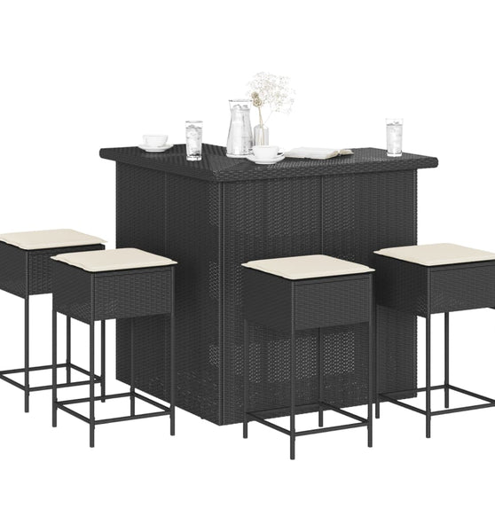 5-tlg. Gartenbar-Set mit Kissen Schwarz Poly Rattan