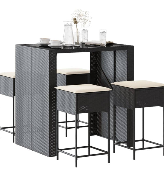 5-tlg. Gartenbar-Set mit Kissen Schwarz Poly Rattan
