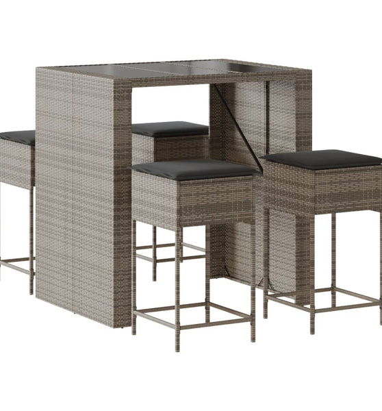 5-tlg. Gartenbar-Set mit Kissen Grau Poly Rattan