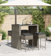 5-tlg. Gartenbar-Set mit Kissen Grau Poly Rattan