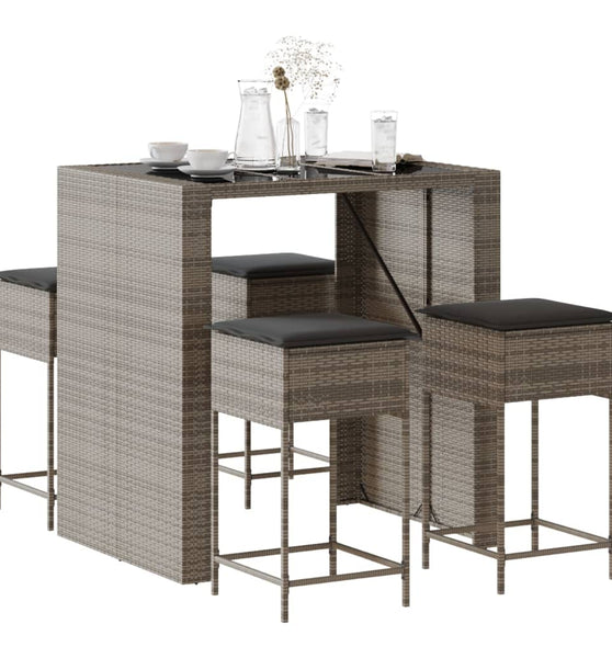 5-tlg. Gartenbar-Set mit Kissen Grau Poly Rattan