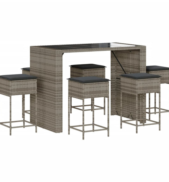7-tlg. Gartenbar-Set mit Kissen Grau Poly Rattan