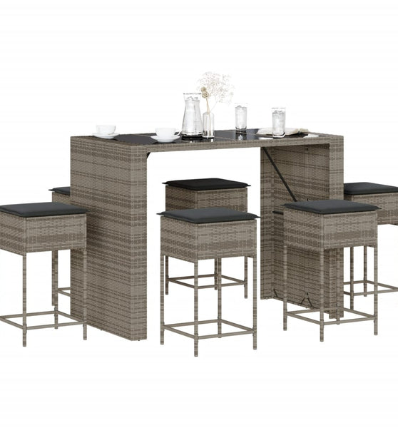 7-tlg. Gartenbar-Set mit Kissen Grau Poly Rattan