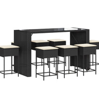 9-tlg. Gartenbar-Set mit Kissen Schwarz Poly Rattan