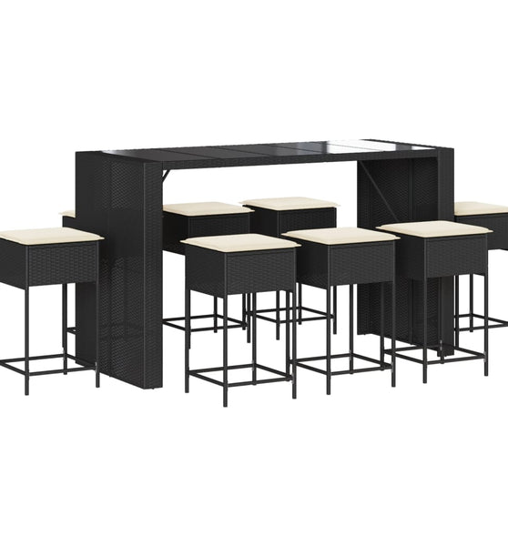 9-tlg. Gartenbar-Set mit Kissen Schwarz Poly Rattan