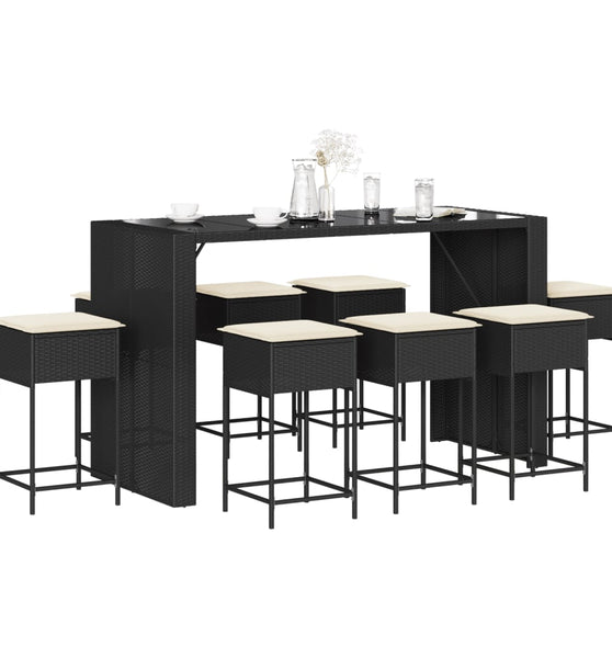 9-tlg. Gartenbar-Set mit Kissen Schwarz Poly Rattan