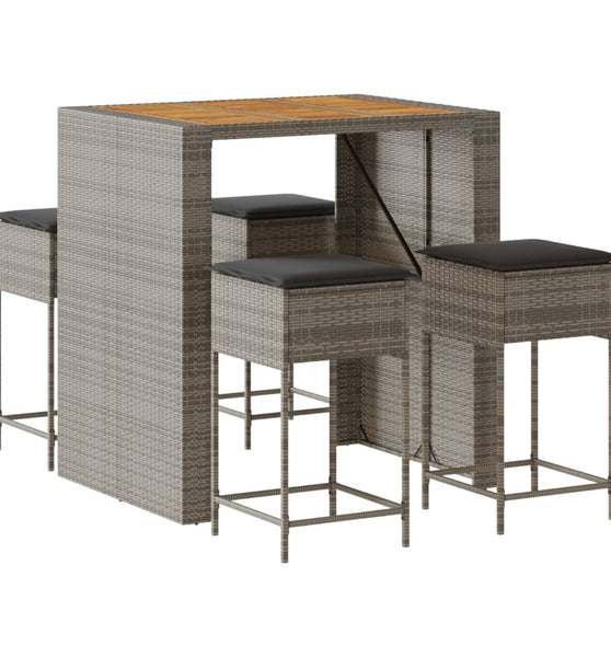 5-tlg. Gartenbar-Set mit Kissen Grau Poly Rattan