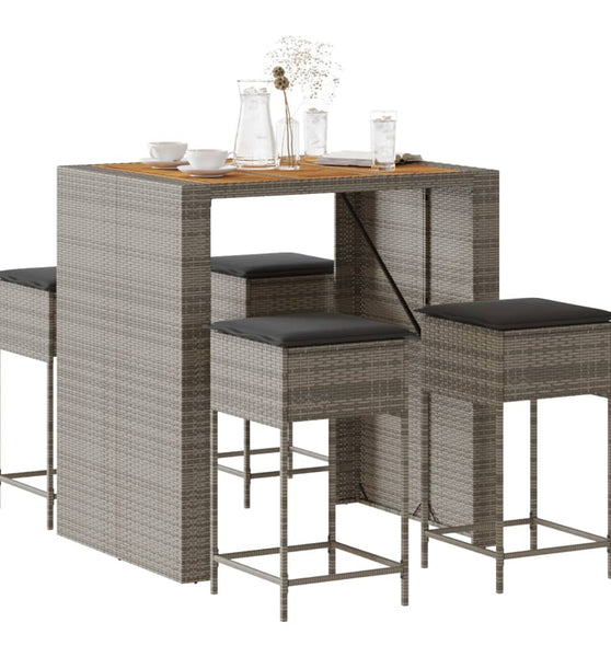 5-tlg. Gartenbar-Set mit Kissen Grau Poly Rattan