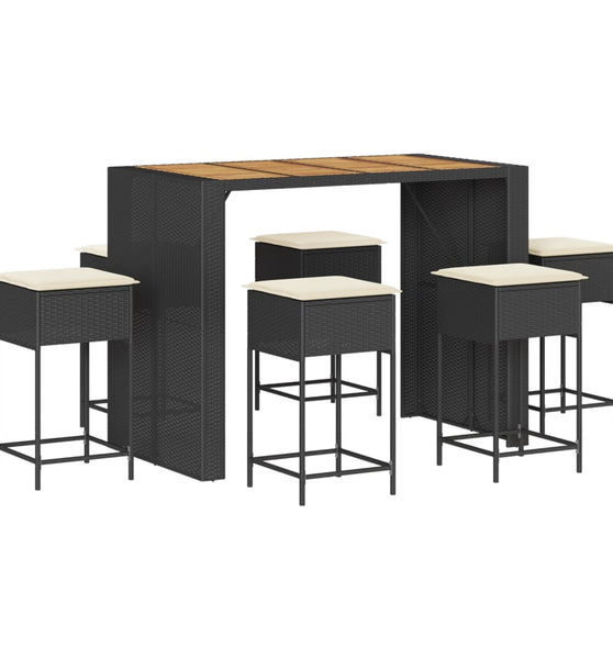 7-tlg. Gartenbar-Set mit Kissen Schwarz Poly Rattan
