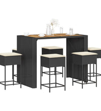 7-tlg. Gartenbar-Set mit Kissen Schwarz Poly Rattan