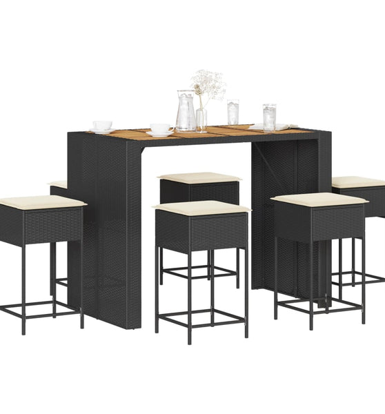 7-tlg. Gartenbar-Set mit Kissen Schwarz Poly Rattan