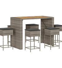 7-tlg. Gartenbar-Set mit Kissen Grau Poly Rattan
