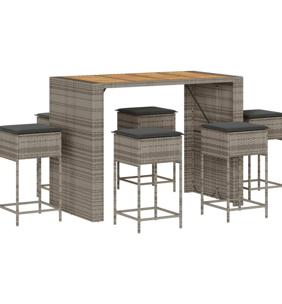 7-tlg. Gartenbar-Set mit Kissen Grau Poly Rattan