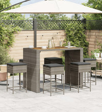 7-tlg. Gartenbar-Set mit Kissen Grau Poly Rattan