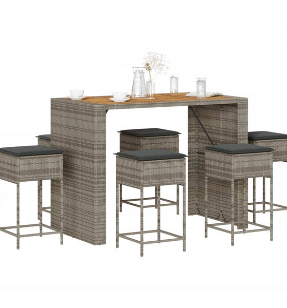 7-tlg. Gartenbar-Set mit Kissen Grau Poly Rattan