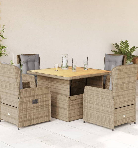 5-tlg. Garten-Essgruppe mit Kissen Beige Poly Rattan