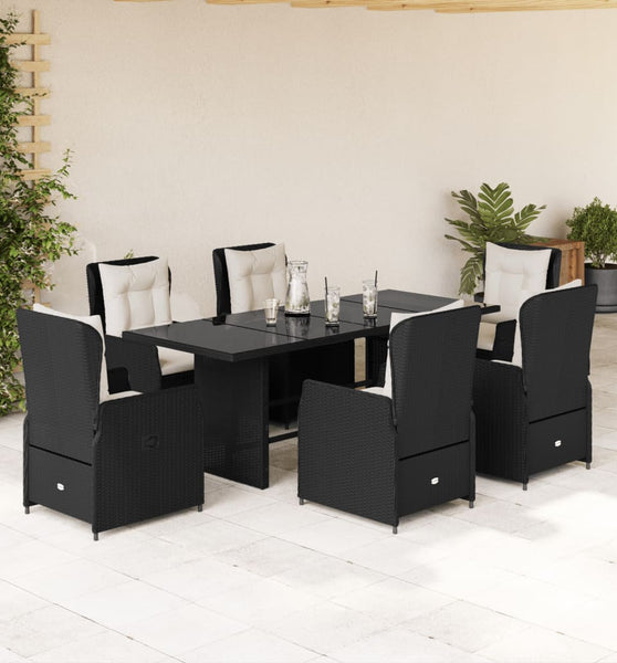 7-tlg. Garten-Essgruppe mit Kissen Schwarz Poly Rattan