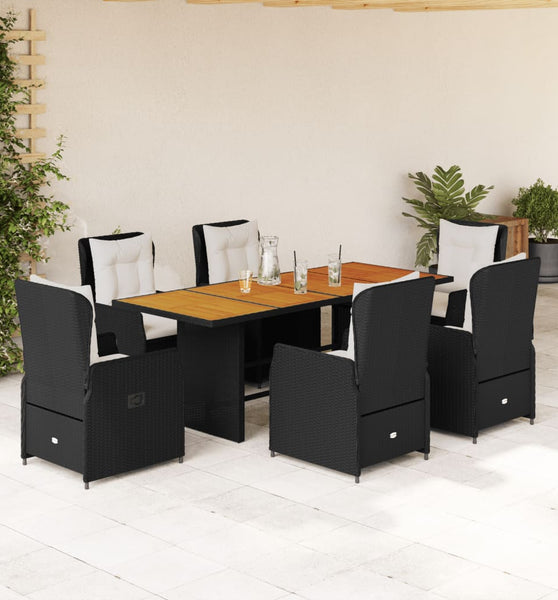 7-tlg. Garten-Essgruppe mit Kissen Schwarz Poly Rattan