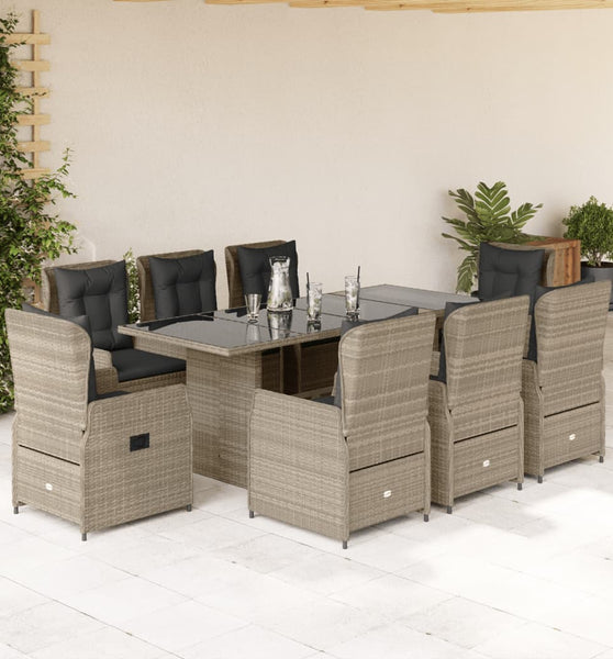 9-tlg. Garten-Essgruppe mit Kissen Hellgrau Poly Rattan