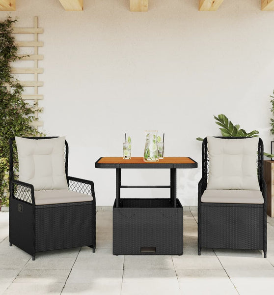 3-tlg. Garten-Essgruppe mit Kissen Schwarz Poly Rattan