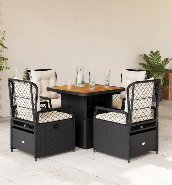 5-tlg. Garten-Essgruppe mit Kissen Schwarz Poly Rattan