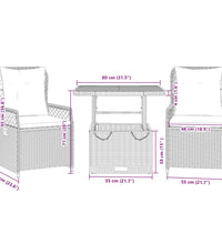 3-tlg. Garten-Essgruppe mit Kissen Grau Poly Rattan
